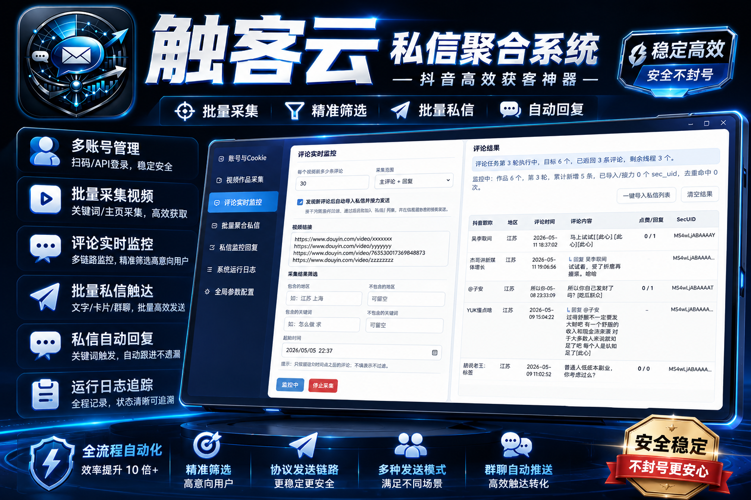 【新品正版】抖音无限私信聚合系统 评论协议实时监控 自动私信卡片 私信监控自动回复 群聊回复